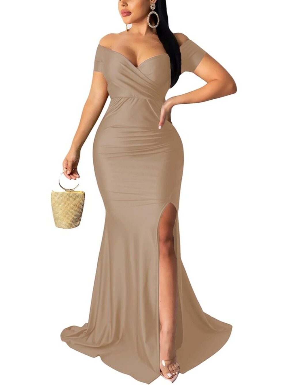 Women's Champagne Off Shoulder Elegant V Neck Short Sleeve High Split Prom Dress